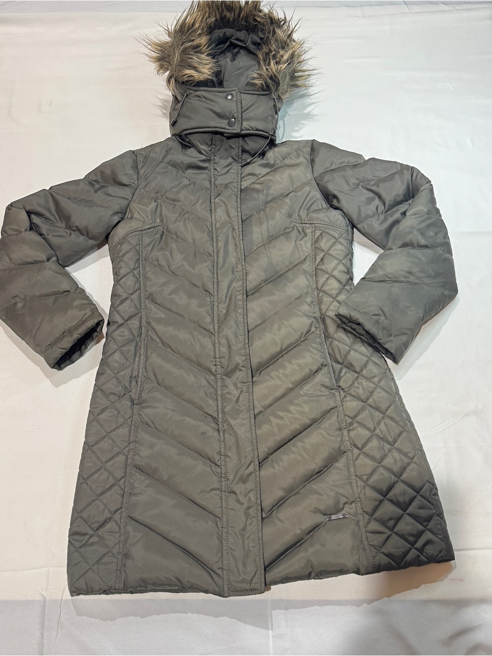 Kenneth Cole Reaction Women green removable Hood Puffer Coat Faux Fur Lined XS